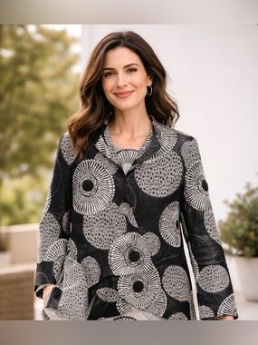 Joseph Ribkoff Abstract Jacquard Trapeze Jacket Artsy Blk/Silver Metallic Sz 18